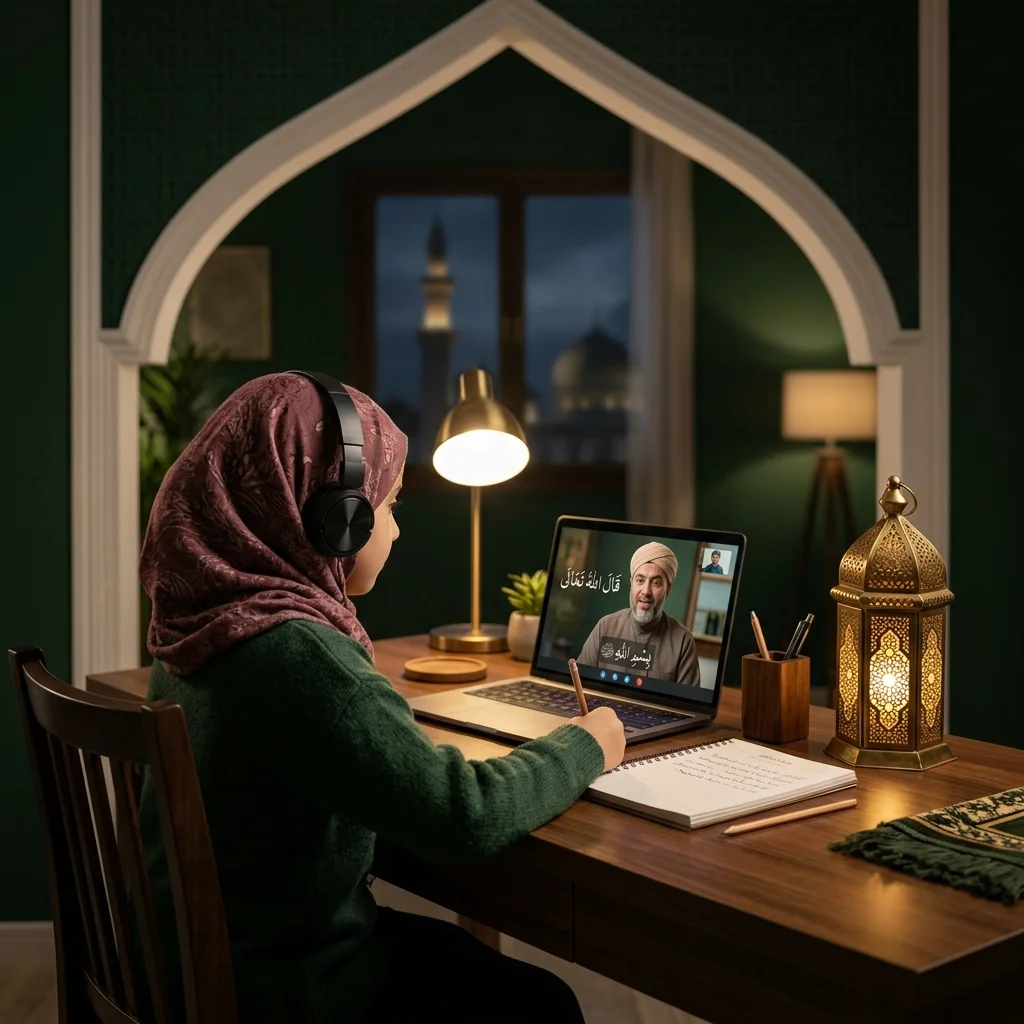 Muslim girl learning Quran online at home