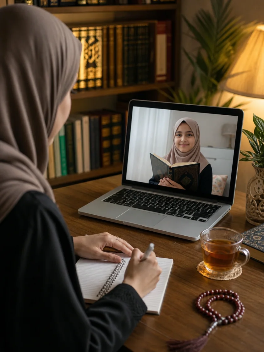 Female tutor teaching a student online in a warm Islamic study room with Quran books and natural light