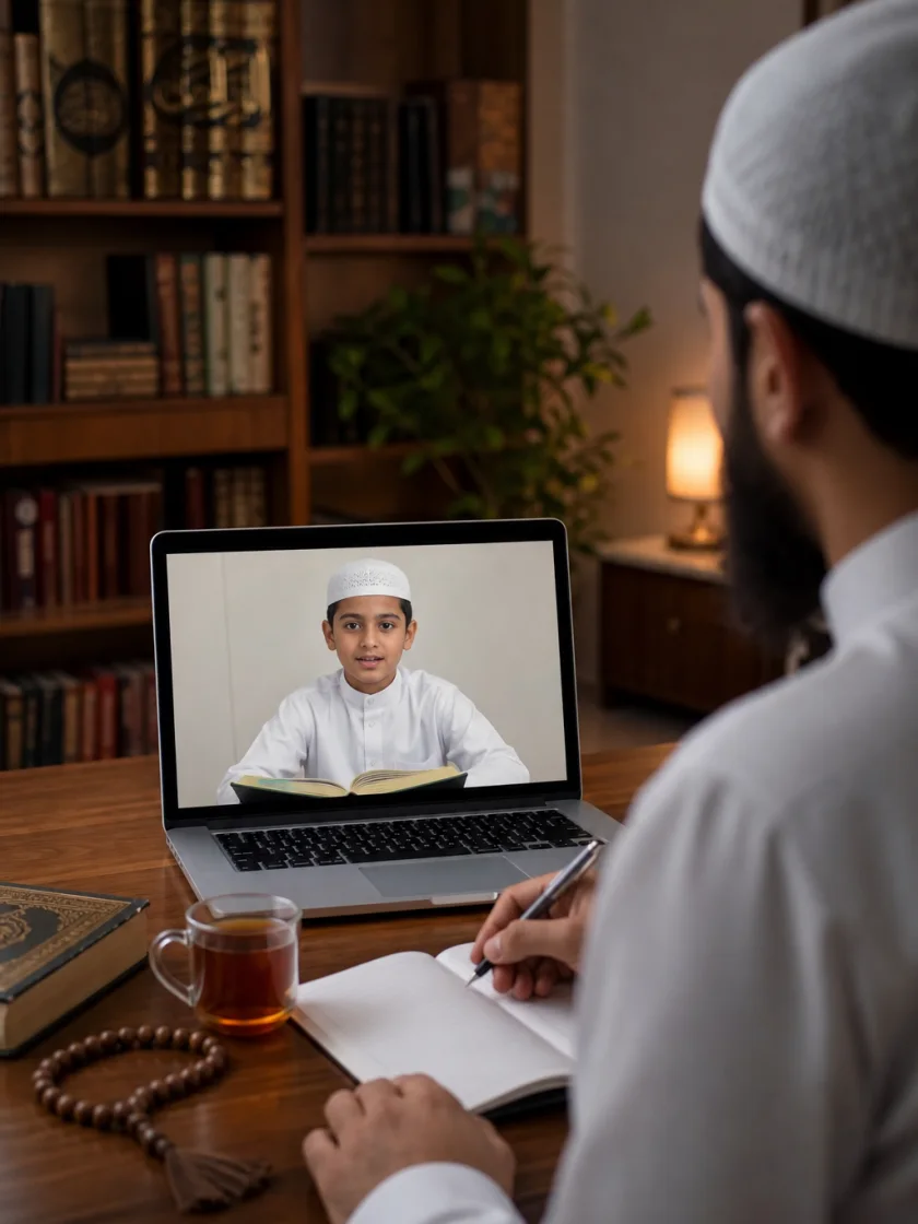 Male tutor teaching a student online in a warm Islamic study room with Quran books and natural light